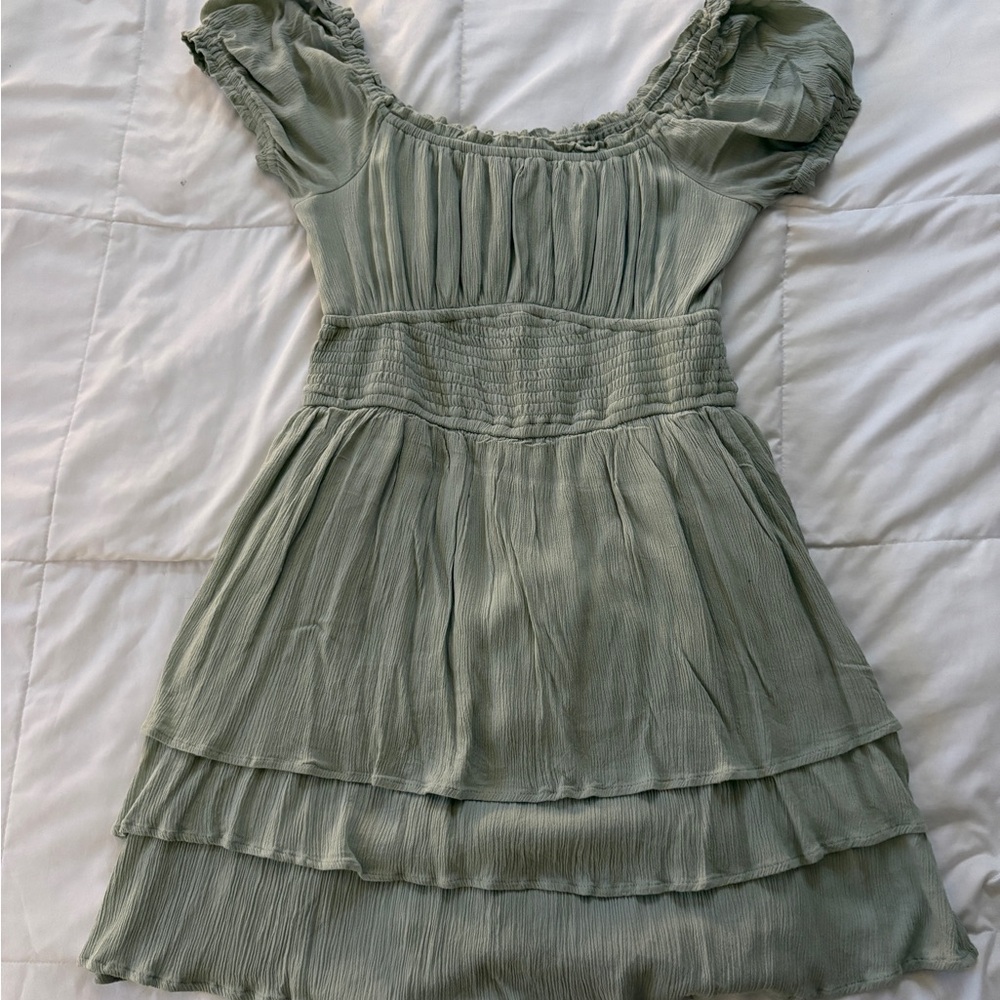 Green Tiered Dress with Puff Sleeves